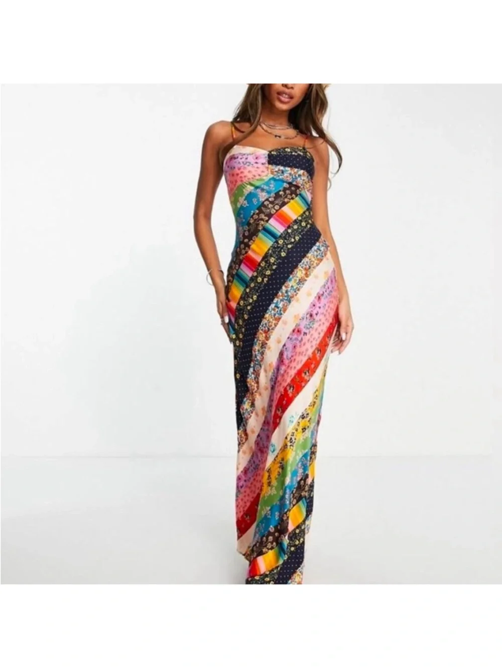 Free People Fiona Maxi Bodycon Dress Confetti Rainbow Striped Floral Boho - Picture 2 of 3